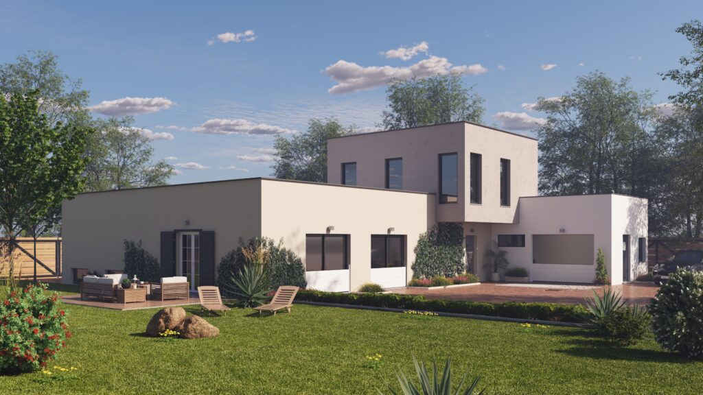 Plan 3D d'une maison à Nice, Cannes, Antibes, Grasse et Mandelieu, intégrant les systèmes anti-inondation de Proxiflots, y compris des batardeaux automatiques, des portes étanches, des volets étanches et des trappes étanches pour une protection optimale contre les inondations.